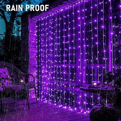 Dazzle Bright 300 LED Christmas Curtain String Lights, Halloween Fairy Lights for Bedroom with 8 Lighting Modes, Waterproof Window Light Party Wedding Garden Wall Decor, Purple