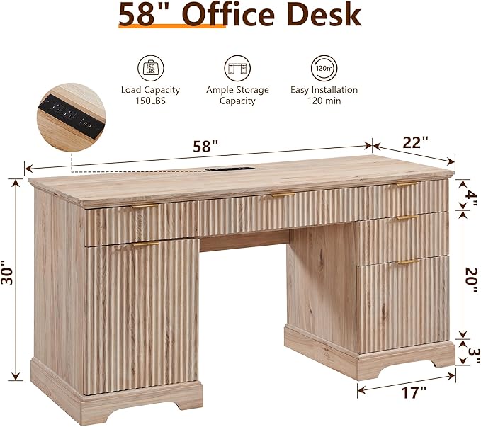 JXQTLINGMU 58" Modern Executive Desk with Storage, Wood Home Office Desk with 5 Drawers & 1 Cabinet, Fluted Computer Writing Desk for Study, Living Room, Bedroom, Oak