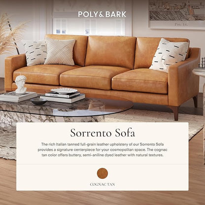 Poly & Bark Sorrento Leather Couch - 86 Inch Sofa - Full-Grain Leather Sofa for Living Room with Feather Down Topper - Living Room Couch - Pure Aniline Vintage Italian Leather in Cognac Tan