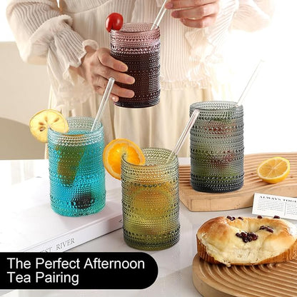 15oz Colored Hobnail Drinking Glasses Set of 6,Vintage Kitchen Glassware,Embossed Beaded Glass Cups,Water Tumbler for Cocktail,Juice and Various Mixed Drinks