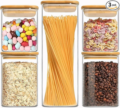 Food Storage Containers with Airtight Bamboo Lids Set of 5, Glass Canisters with Airtight Lids, Glass Food Storage Containers for Pasta, Oats, Coffee, Flour, Sugar, Best for Kitchen, Square