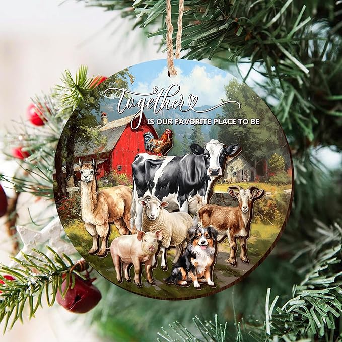OASSIE Christmas Farmer Gifts for Women - Wooden Rustic Farmhouse Ornaments for Tree Decorations - Animal Lover Gifts for Farmers, Farm Animal Christmas Ornaments for Farmhouse Decor, Gift for Farmer