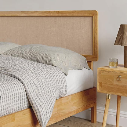 Bme Nipe Bed Frame with Headboard, Bohemian and Mid-Century Modern Style, Solid Rubber Wood Platform Bed with Slat Support, No Box Spring Needed, Easy Assembly, King - Light Natural