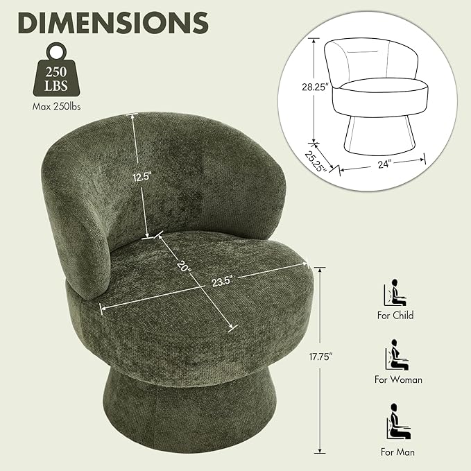 360° Swivel Accent Chairs Set of 2, Modern Chenille Upholstered Boucle Dining Chair with Back, Vanity Chair Accent Armchair Side Chairs for Dining/Living Room, Bedroom, Green
