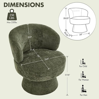 360° Swivel Accent Chairs, Modern Chenille Upholstered Boucle Dining Chair with Back, Vanity Chair Accent Armchair Side Chairs for Dining/Living Room, Bedroom, Green