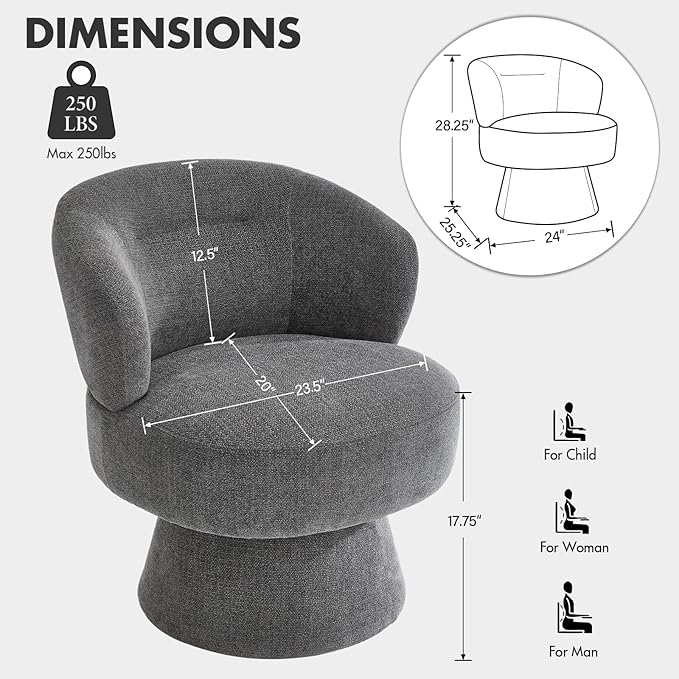 360° Swivel Accent Chairs Set of 2, Modern Chenille Upholstered Boucle Dining Chair with Back, Vanity Chair Accent Armchair Side Chairs for Dining/Living Room, Bedroom, Gray