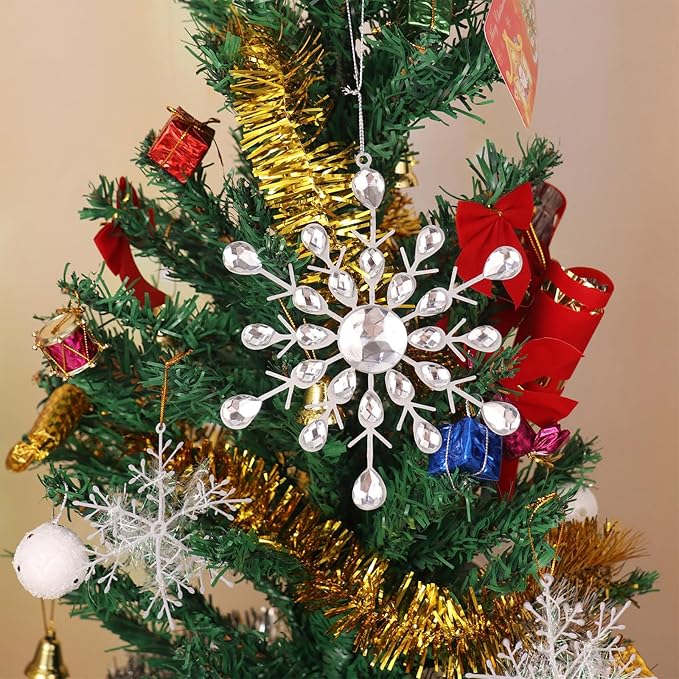 Reinstone 4pcs Silver Sparkling Snowflake Christmas Ornaments - Large Hanging Snowflake Ornaments for Christmas Tree Winter Supplies