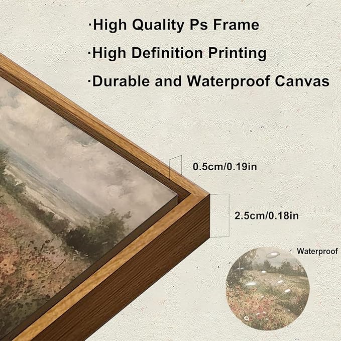 KBKBART Framed Canvas Wall Art for Living Room, Vintage Countryside Wildflower Field Painting Farmhouse Decor, Retro Nature Wilderness Canvas Art Prints for Wall Decor, Rustic Landscape Wall Decor for Bathroom, Bedroom Living Room(8"x10")