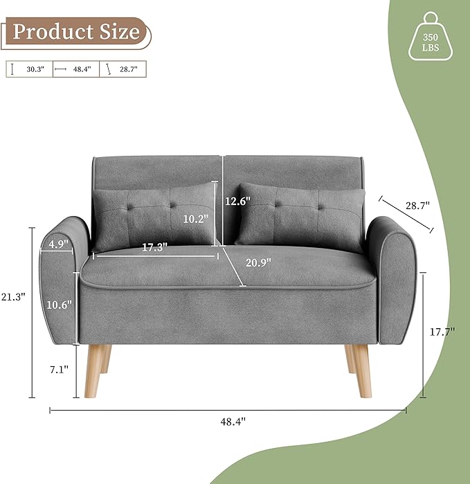 Vongrasig 47" Modern Loveseat Sofa Mid Century Linen 2 Seat Couch Tufted Tapered Legs, Light Gray