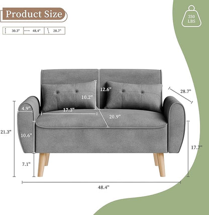 Vongrasig 47" Modern Loveseat Sofa Mid Century Linen 2 Seat Couch Tufted Tapered Legs, Light Gray
