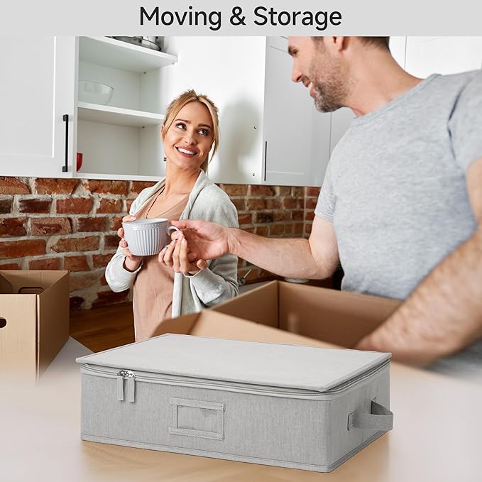 StorageWorks China Storage Container, Stackable Mug Storage Box with Dividers, Stemware Storage Cases, Hard Shell China Cup Organizer, Holds 12 Tea Cups and Coffee Mug, 1 Pack, Light Gray