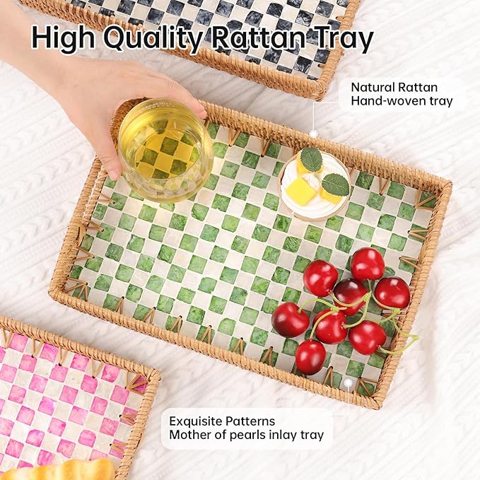 Rectangle Rattan Tray with Mother of Pearl Inlay, Rattan Serving Tray with Handle for Coffee, Bread, Fruits, Decorative Wicker Tray for Table Decor (Rectangle Green Checkerboard, 13"×9")