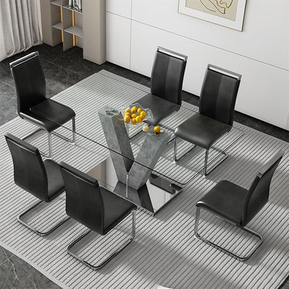 71" Glass Dining Table Set for 6, Kitchen Table and 6 PU Leather Chairs, Dining Table Set Ideal for Living Room