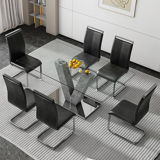 71" Glass Dining Table Set for 6, Kitchen Table and 6 PU Leather Chairs, Dining Table Set Ideal for Living Room