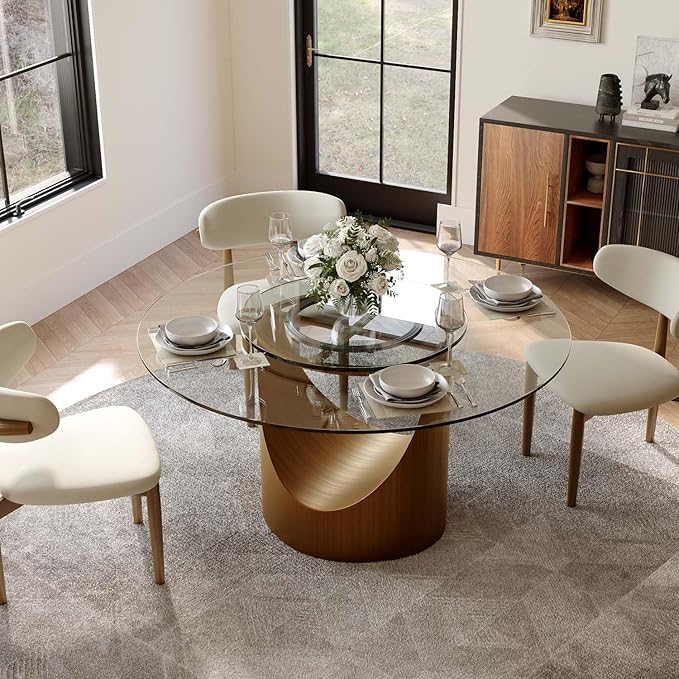 POVISON 51" Round Dining Table for 4 with 23" Lasy Susan, Glass Tabletop Dining Table with Bronze Carbon Steel Pedestal, Modern Dining Room Table for Kitchen, Living Room (Table Only)