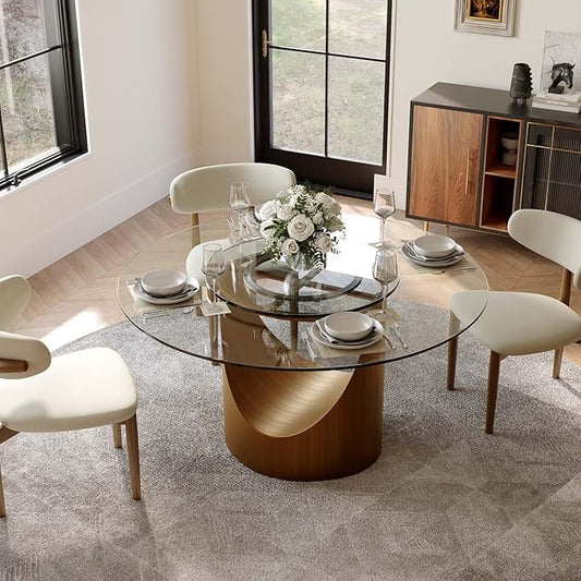 POVISON 51" Round Dining Table for 4 with 23" Lasy Susan, Glass Tabletop Dining Table with Bronze Carbon Steel Pedestal, Modern Dining Room Table for Kitchen, Living Room (Table Only)
