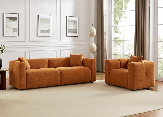 VANOMi Living Room Furniture Sets Include 95" Sofa & 42" Arm  chairs, Boucle Upholstered Oversized Couch with Pillows, Living Room Furniture Set for Bedroom Apartment (Curry, 1 Sofa+1 Chair)
