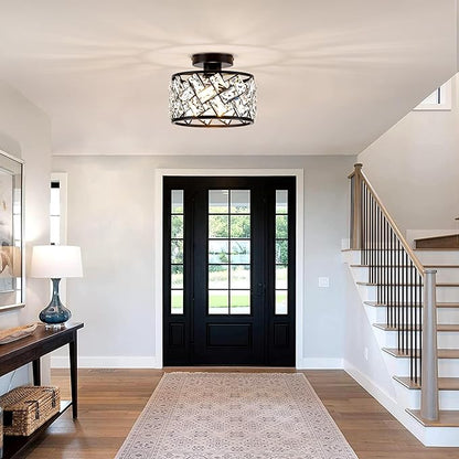 Crystal Ceiling Light Fixture, Modern Semi Flush Mount Ceiling Light,Crystal for Kitchen Bedroom Bathroom Entryway, Black Finish