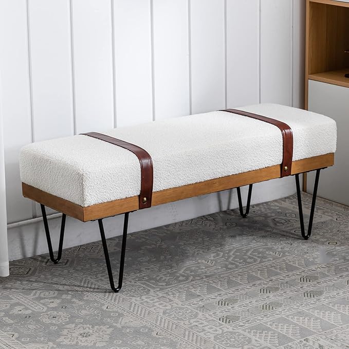 DUOMAY Industrial Modern Rectangle Ottoman Bench with PU Strap and Metal Legs, Mid Century Sherpa Dining Table Bench Footstool Entryway Shoe Bench for Bedroom Dining Room Living Room, White
