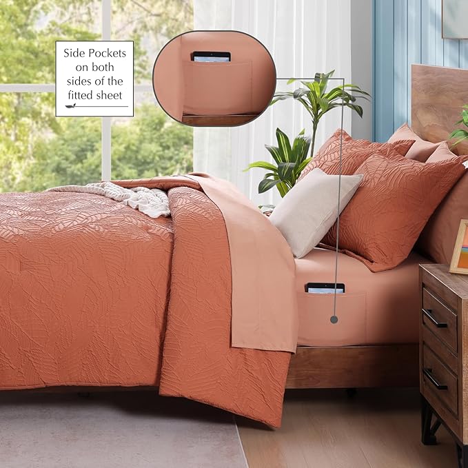 Geniospin King Size Comforter Set - 7 Pieces Burnt Orange Bedding Set, Botanical Textured Fall Comforter Set, All Season Lightweight Bed in a Bag with Comforter, Sheets, Pillowcases & Shams
