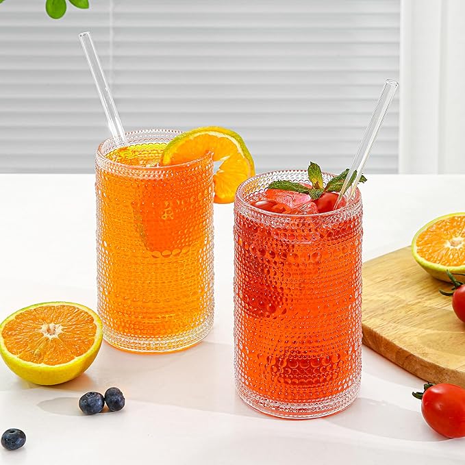Large Vintage Hobnail Drinking Glasses Set of 6, 16oz Clear Highball Glasses Cups, Kitchen Water Glasses Cup, for Cocktail, Juice, Whiskey, Milk and Various Mixed Drinks