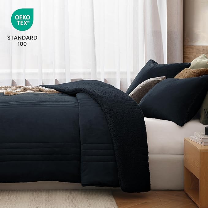 Monbix Fluffy King Size Comforter Set Navy Blue, Sherpa Plush Fuzzy Comforter 3 Piece for King Size Bed, Luxury Soft Winter Warm Bedding Set