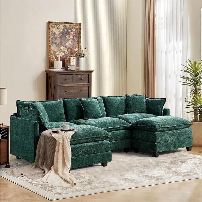 SoarFlash 107.4" Chenille Sectional Sofa, Comfy U Shaped Modular Coush Sofa with Ottoman, Modern 4 Seat Couch Deep Seat Sofa Set for Living Room,Green