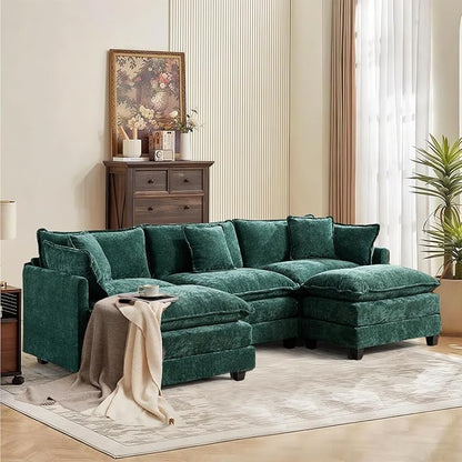 SoarFlash 107.4" Chenille Sectional Sofa, Comfy U Shaped Modular Coush Sofa with Ottoman, Modern 4 Seat Couch Deep Seat Sofa Set for Living Room,Green