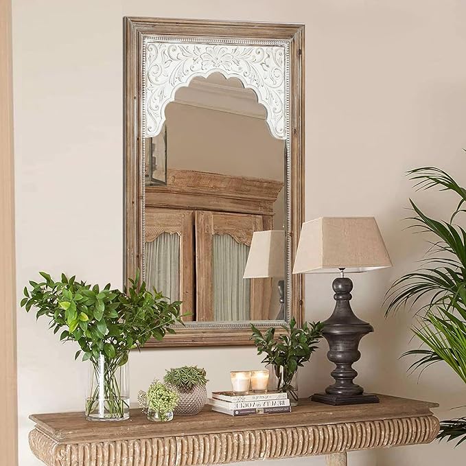 LuxenHome Rectangular Wall Mirror 43" x 27.5" Large Natural Wood Frame Wall Mounted Decorative Farmhouse Accent Mirror for Bathroom Bedroom Entryway Living Room