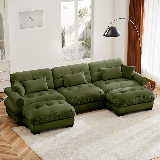 SoarFlash Velvet Sectional Sofa Ottoman, Green
