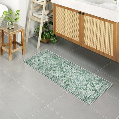 Uphome Green Bathroom Rugs, Distressed Farmhouse Boho Bath Mat, Non Slip Washable Soft Velvet Bath Mats for Bathroom Floor, Vintage Traditonal Bath Runner for Bathtub Sink Shower, 18x47 inch