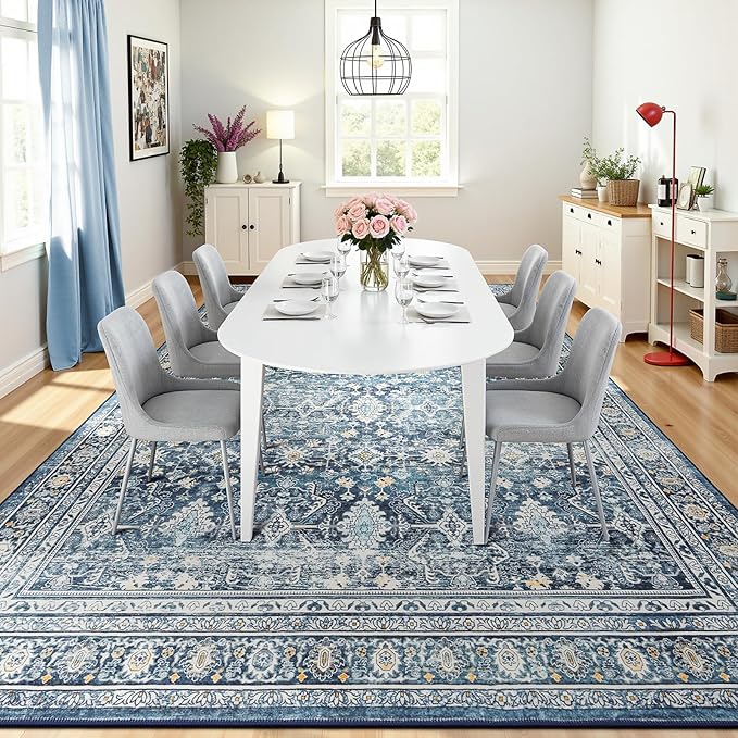 Lofus 9x12 Area Rug for Living Room,Blue Washable Area Rugs with Non-Slip Backing,Soft Boho Carpets for Bedroom Dining Room Home Office Indoor Nursery