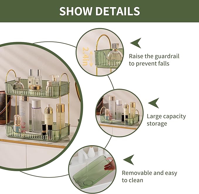 2 Tier Bathroom Organizer Countertop Makeup Perfume Skincare Organizer for Bathroom Dresser Vanity (Green)