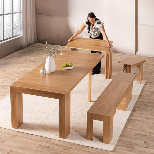 Transformer Table Expandable Dining Table for 2 to 12, Solid Wood Extendable Kitchen Table, Space-Saving Furniture, Small to Large Adjustable Dinner Table with Bench (Natural, Table + Bench)