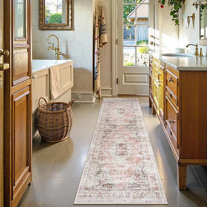 Uphome Bathroom Runner Rug, Distressed Tribal Farmhouse Blush Pink Bathroom Mat, Large Bathroom Rugs Non Slip Washable, Oriental Retro Boho Bath Mat Runner for Bathtub Sink Hallway, 24x71 inch