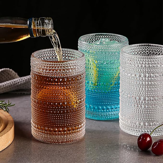 Vintage Hobnail Drinking Glasses Set of 8,Clear 12 oz & 15oz Highball Glass Cups, Kitchen Drinkware Glassware