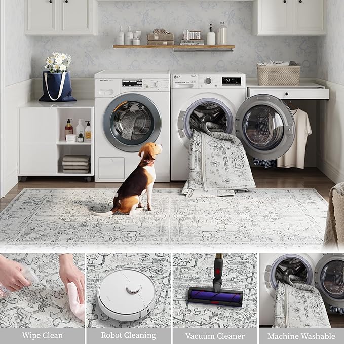 jinchan Vintage Floral Washable Runner Rug 2x10 Non-Slip Low Pile Carpet, Grey