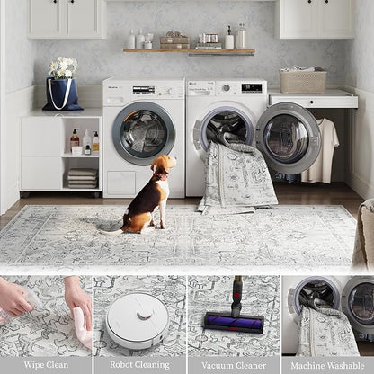 jinchan Vintage Floral Washable Runner Rug 2x10 Non-Slip Low Pile Carpet, Grey