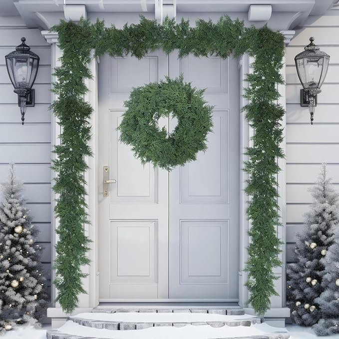 Dingion 2 Pcs 6 ft Christmas Cedar Garland - Artificial Realistic Green Faux Cedar Pine Garland Soft and Thick for Home Table, Mantle, Wall, Door, Indoor & Outdoor Christmas Party Decorations