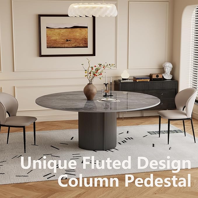 59" Modern Round Dining Table for 6, Gray Sintered Stone Dining Room Table with Black Fluted Metal Pedestal, Easy Assembled Circle Kitchen Table for Home, (Table Only)