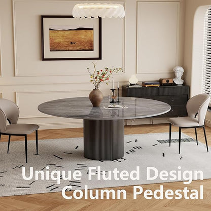 59" Modern Round Dining Table for 6, Gray Sintered Stone Dining Room Table with Black Fluted Metal Pedestal, Easy Assembled Circle Kitchen Table for Home, (Table Only)