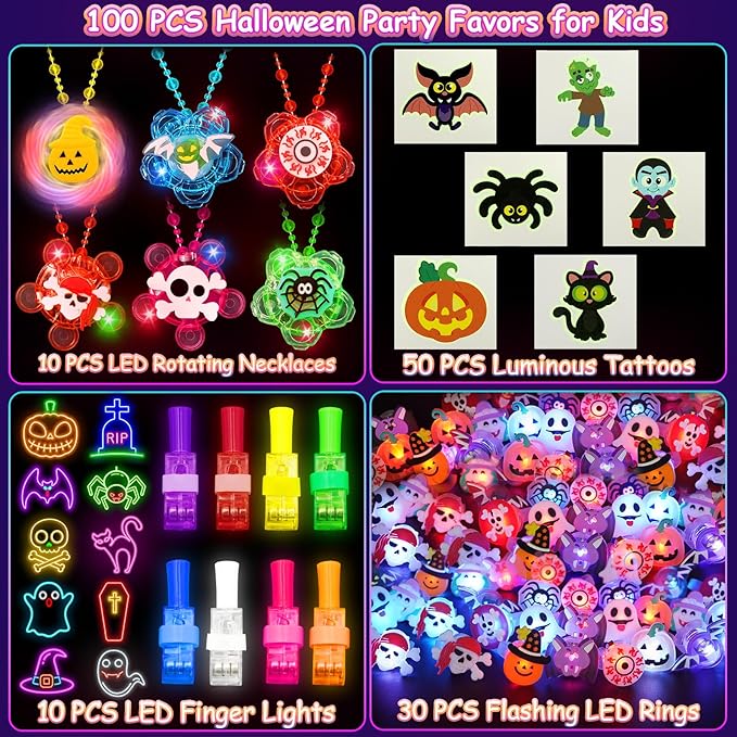 Halloween Party Favors for Kids, 100 Pack Glow in the Dark Toys Rotating Light Up Necklaces LED Flash Rings Halloween Toys Bulk for Halloween Party Classroom Prizes Goodie Bags Trick or Treats Gifts