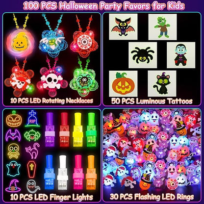 Halloween Party Favors for Kids, 100 Pack Glow in the Dark Toys Rotating Light Up Necklaces LED Flash Rings Halloween Toys Bulk for Halloween Party Classroom Prizes Goodie Bags Trick or Treats Gifts