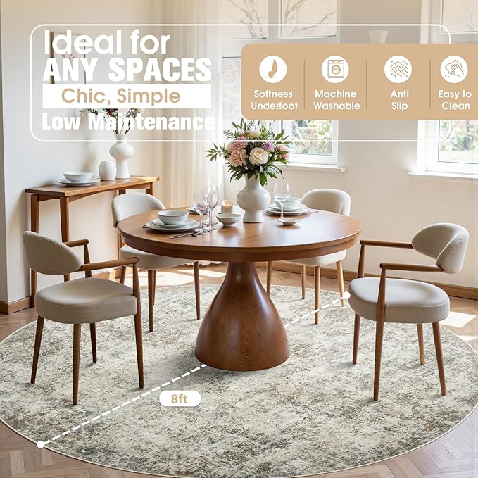 Round Rug 8ft Circle Rug Washable: Carpet Circular Area Rug for Entryway Kitchen Bedroom Dining Room Living Room Large 8 Feet Abstract College Dorm Non Slip Low Pile Beige Brown
