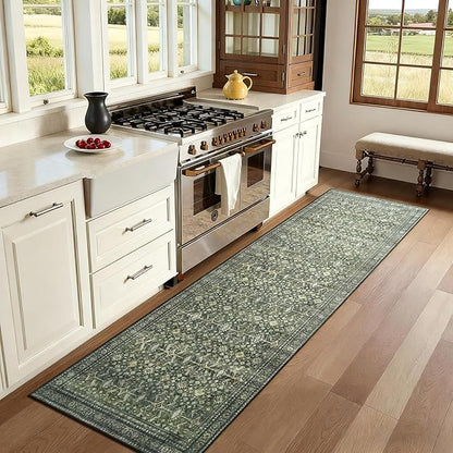 Lofus 2X 8 Runner Rug for Hallways,Green Washable Runner Rugs with Non Slip Rubber Backing, Low Pile Soft Carpet Runner for Kitchen Bathroom Bedroom Laundry