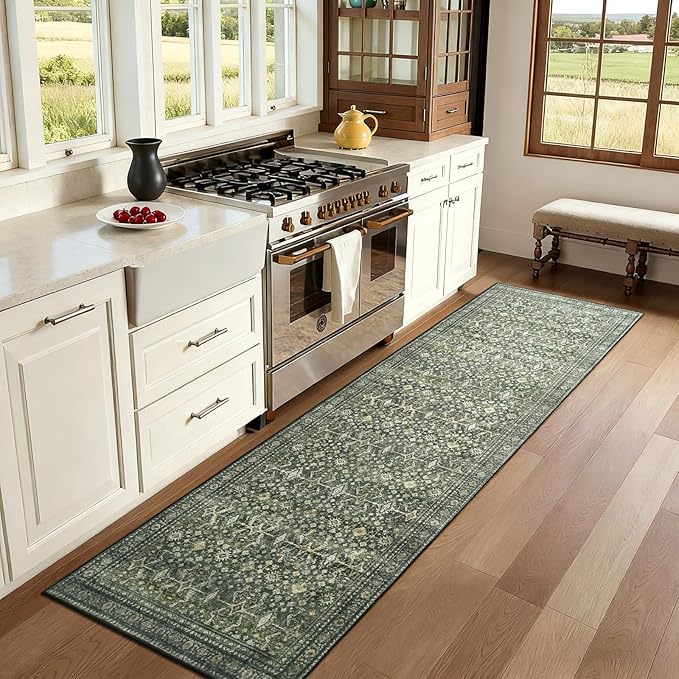 Lofus 2X 6 Runner Rug for Hallways,Green Washable Runner Rugs with Non Slip Rubber Backing, Low Pile Soft Carpet Runner for Kitchen Bathroom Bedroom Laundry