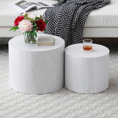 Nesting Coffee Table Set of 2, Modern Round Coffee Table with Non-Slip Feet, Wooden Circle Accent Tables for Small Spaces Living Room Bedroom Balcony Office Drum Side Table (White)