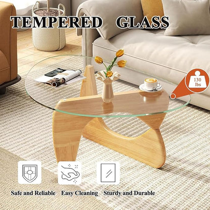 Mid Century Modern Glass Coffee Table, Small Coffee Table for Living Room, Elegant and Functional Coffee Tables, Suitable for Bedroom Living Room Reception Office Tables（Wood/Transparent，Medium）