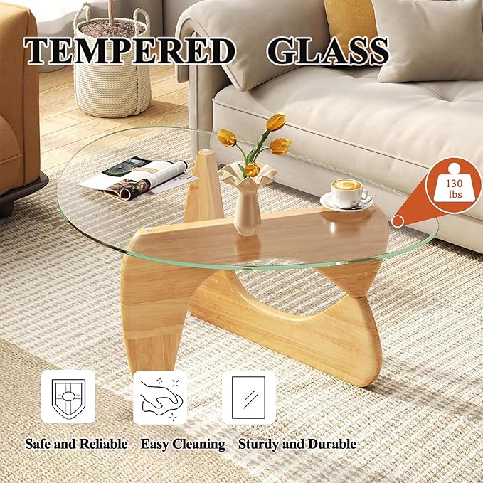 Modern Glass Coffee Table for Living Room, Mid Century Coffee Tables, Suitable for Bedroom Living Room Reception Office Tables（Wood/Transparent，Large）