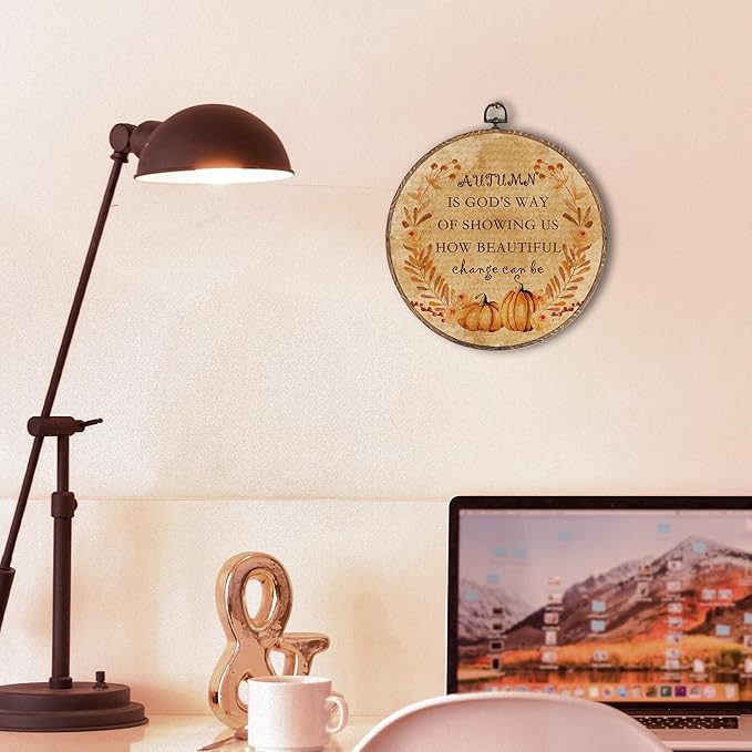 Hxlac Vintage Autumn Round Wall Art Framed, Farmhouse Fall Pumpkin Round Wall Decor, Autumn Is God's Way Thanksgiving Hanging Canvas Prints Wall Sculptures for Home Room Bedroom Decor, 10x10 Inch